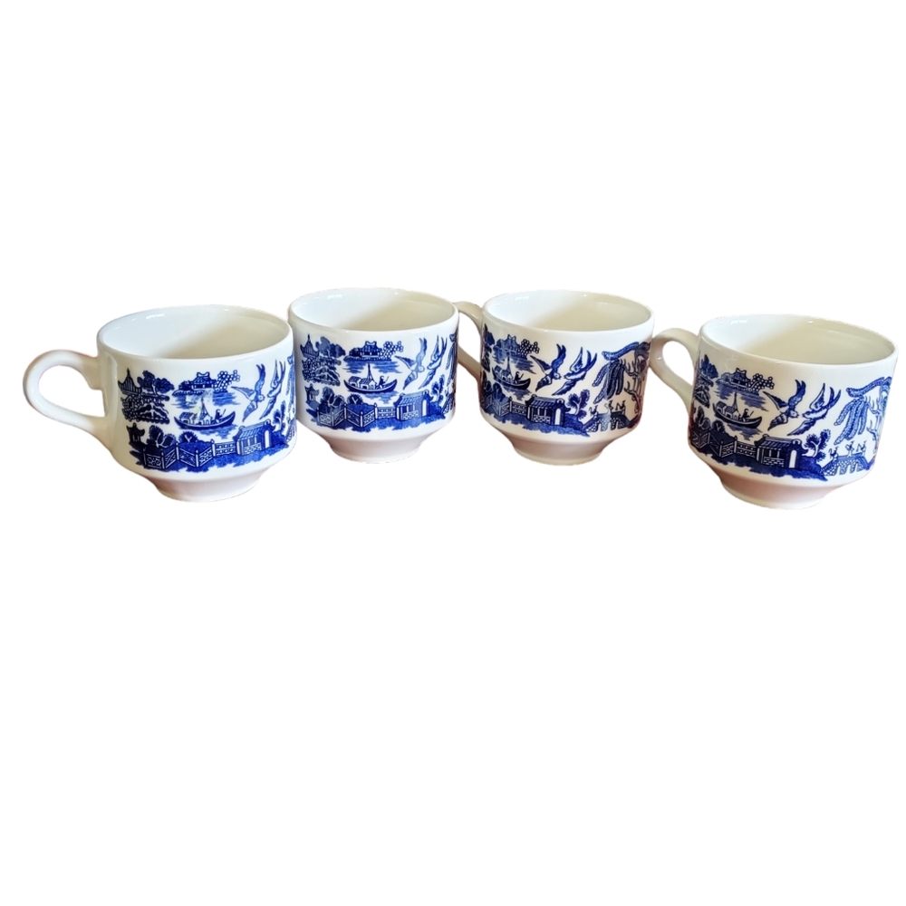 Vintage Churchill England Blue Willow Large Flat Cups ~ Set Of 4 Pre-Owned
